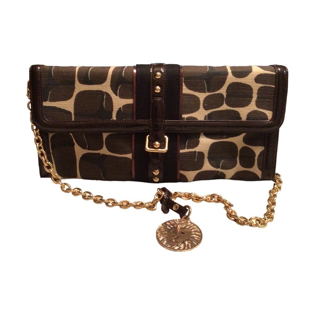 .Annie Klein New York Bag Coffee Bean Print Gold Tone Chain Strap CLEAN I…